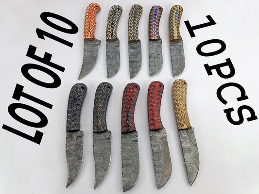 10 pieces Damascus steel Round scale skinning knives set with Leather sheath. Overall 85 inches long Damascus steel blade knives