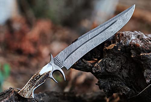 14" Long Clip point blade Hunting Knife, Natural Stag Antler scale with Steel finger guard, Hand forged Damascus steel blade with blood groove, Cow Hide Leather sheath with belt loop