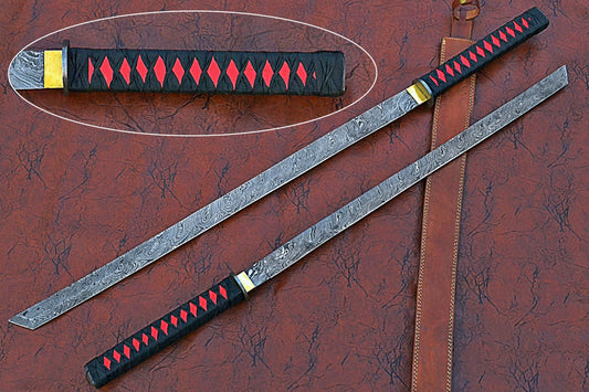 40 inches Long Ninja Sword, 28" Long Hand Forged Damascus Steel Blade, Steel Grip Wrapped with Black Fabric, Brass rain Guard, Includes Leather Scabbard with Shoulder Stripe