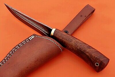 9" trailing point blood groove blade skinning knife, Walnut wood, Leather sheath