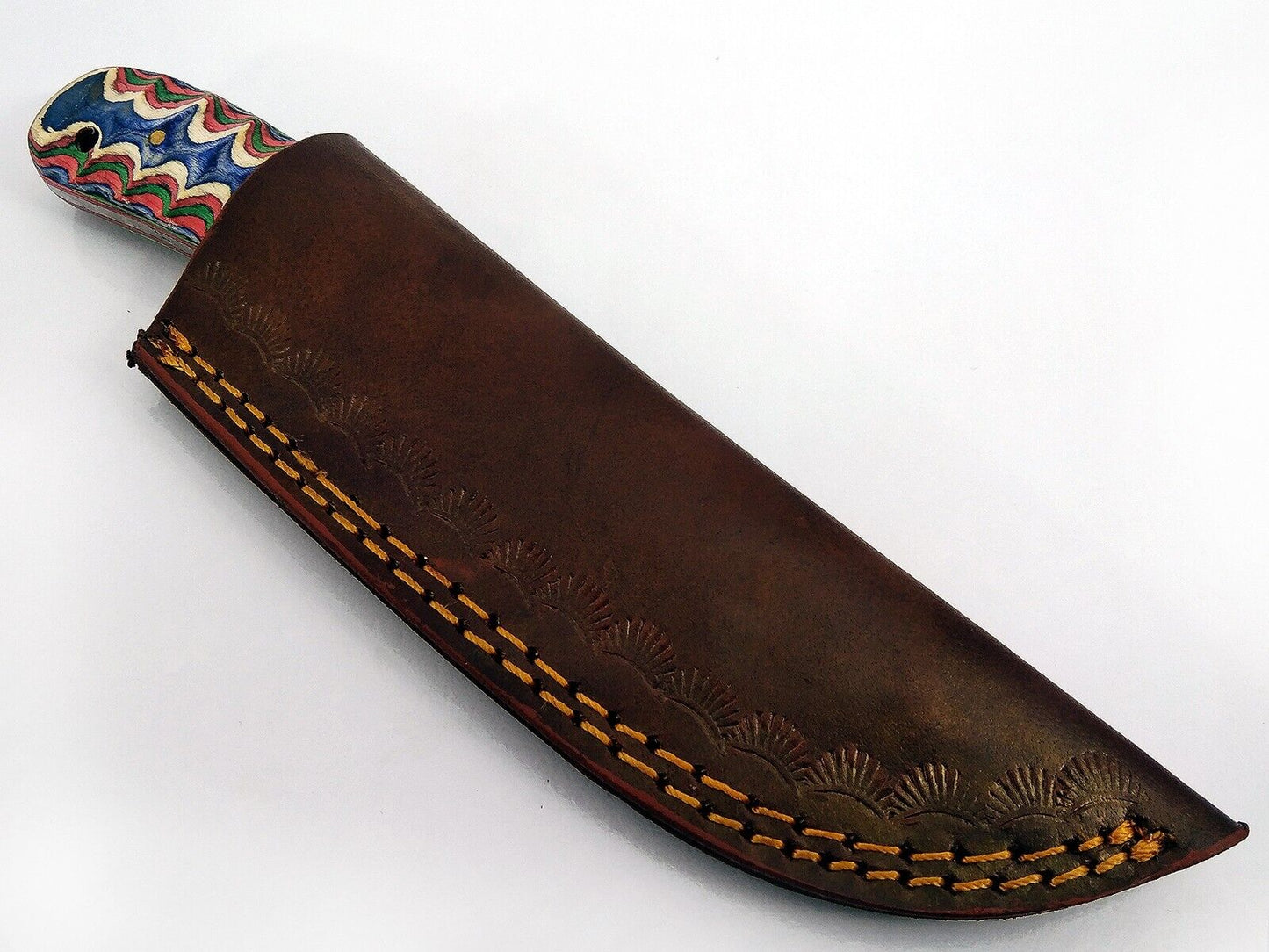 15 pieces Damascus steel fixed blade skinning knives lot with Leather sheath. Over 95 inches long Damascus steel knives in assorted colors