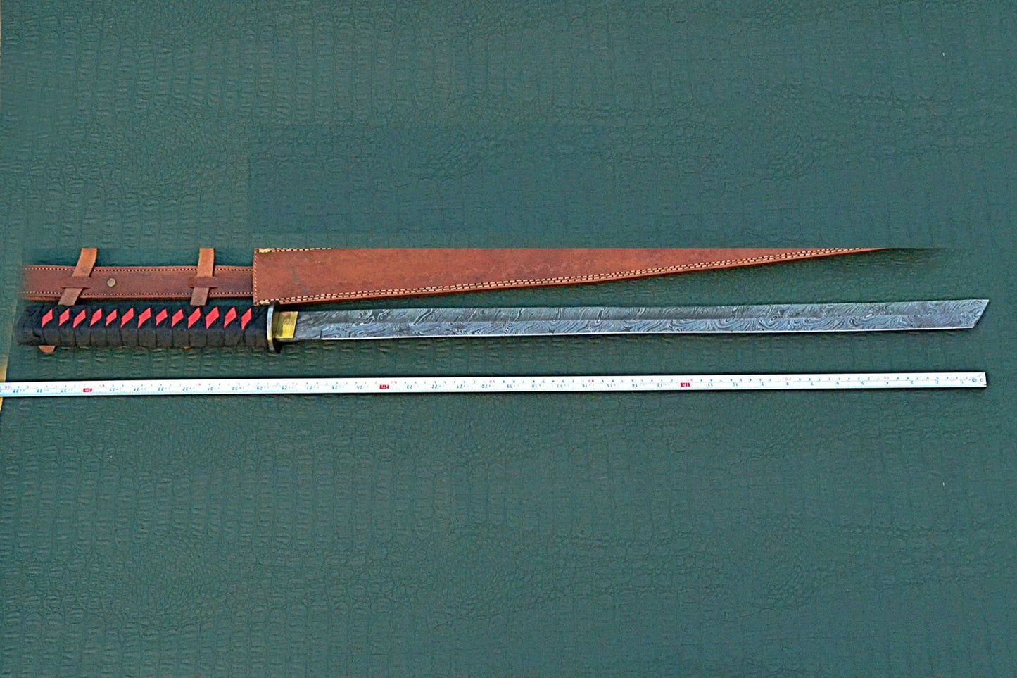 40 inches Long Ninja Sword, 28" Long Hand Forged Damascus Steel Blade, Steel Grip Wrapped with Black Fabric, Brass rain Guard, Includes Leather Scabbard with Shoulder Stripe