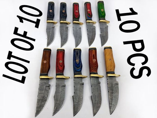 10 pieces Damascus steel fixed blade round scale skinning knives lot with Leather sheath. Over 75 inches long Damascus steel knives in assorted colors