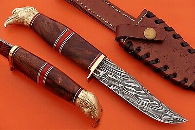 10" custom skinning knife with eagle pomel, trailing point blade, Leather sheath