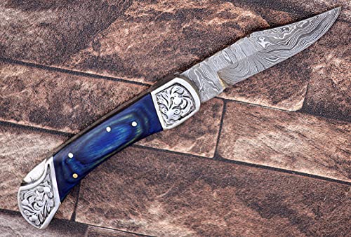 9" long back lock Folding Knife, 2 tone Red wood Scale with Engraved steel bolster, custom made 4" Hand Forged Damascus steel blade, Cow hide leather sheath with belt loop