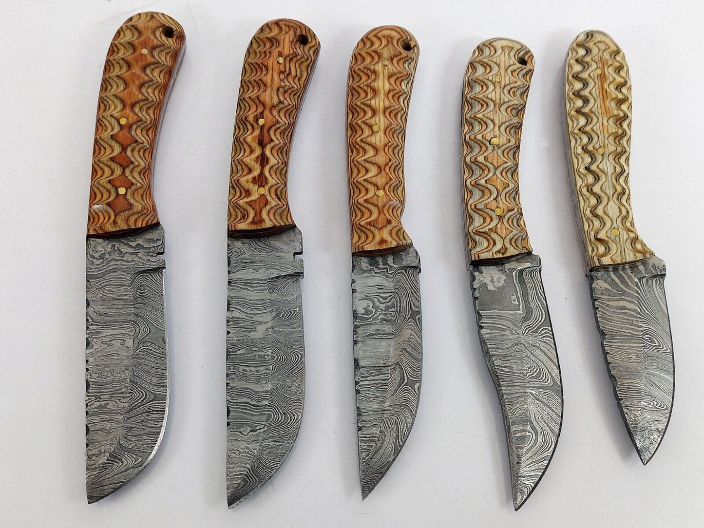 10 pieces Damascus steel fixed blade skinning knives lot with Leather sheath. Over 80 inches long Damascus steel knives in assorted colors