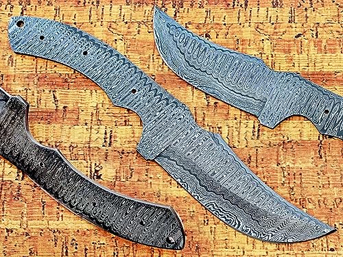 10 inches Long Hand Forged Ladder Pattern Damascus Steel Trailing Point Blank Blade Skinning Knife, 4.5" Long Sharp Cutting Edge, 5" Scale Space with 3 pins and a lace Hole