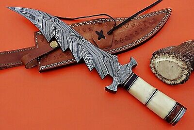 13" Hunting knife, Damascus steel blade & Finger guard, Camel bone, Cow Sheath