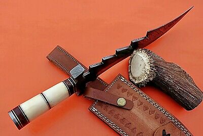 13" Hunting knife, Damascus steel blade & Finger guard, Camel bone, Cow Sheath