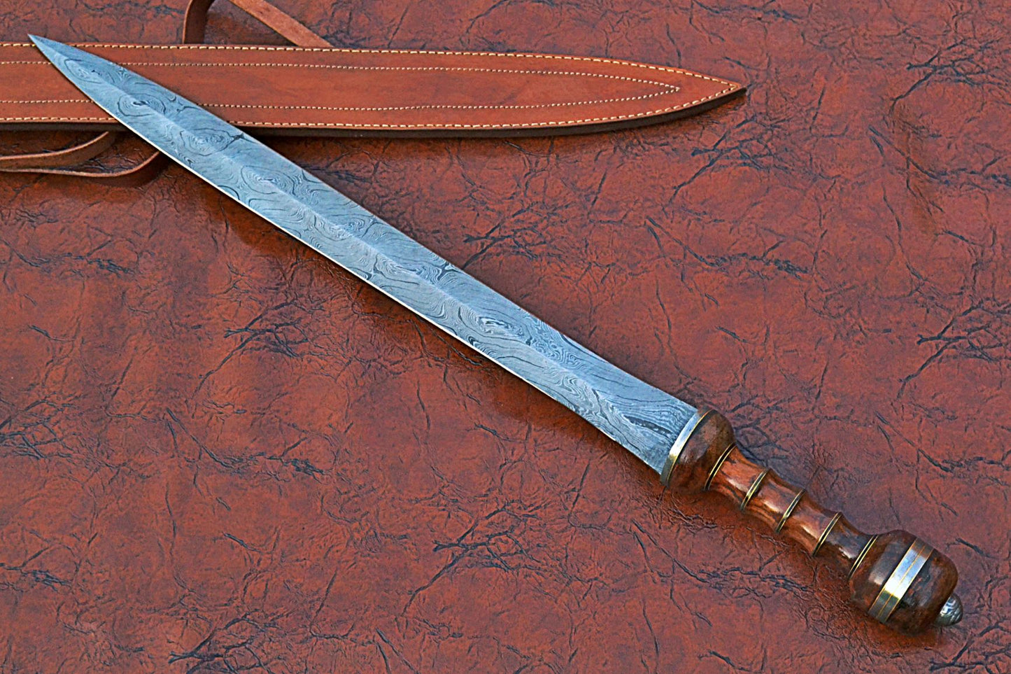29 inches Long Maximus Gladuis Sword, 21" Long Hand Forged Damascus Steel Double Edge Blade, Hand Crafted Walnut Wood Grip with Brass Spacer, Leather Scabbard with Shoulder Stripe