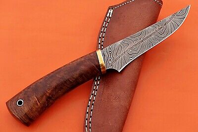 9" trailing point blood groove blade skinning knife, Walnut wood, Leather sheath