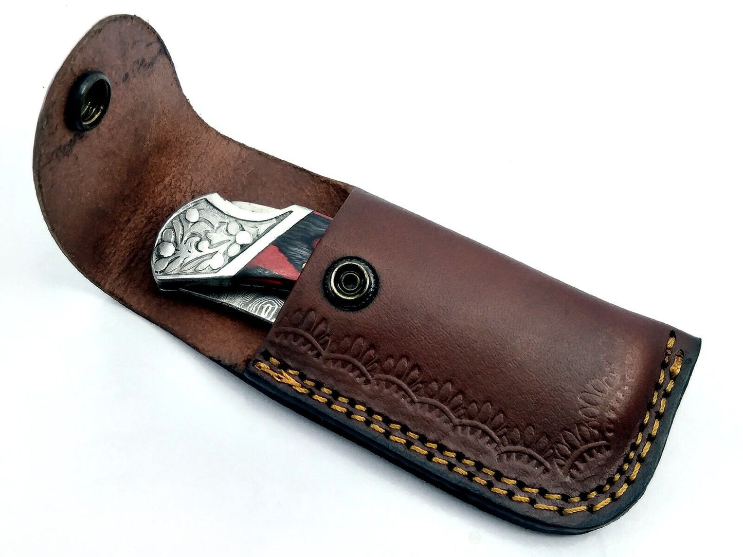 10 pieces lot of Damascus steel blade back lock folding Buck knife with Leather Sheath