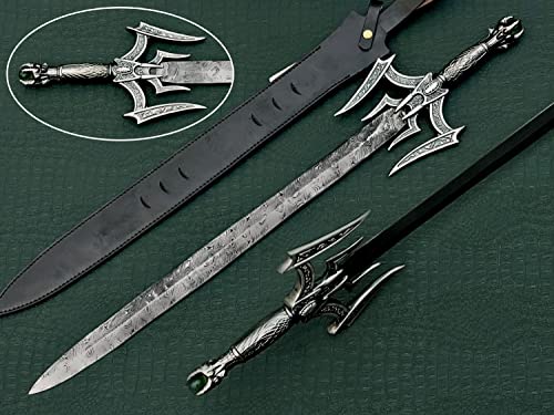 37 inches Long Damascus Steel Blade Medieval Barbarian Sword, 27" Long Hand Forged Damascus Steel Double Edge Blade, Leather Sheath