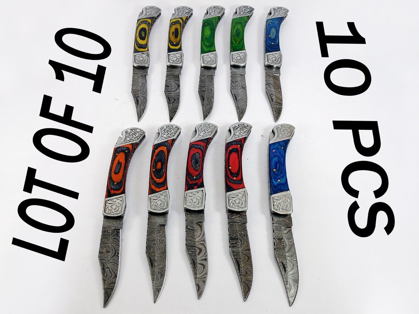 10 pieces Lot of Damascus steel blade back lock folding knife with Sheath, Engraved bolster, Assorted colors