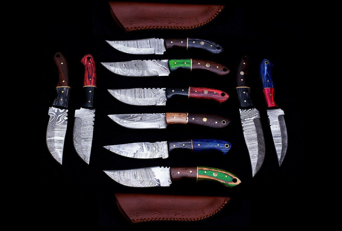 10 pieces Damascus steel Round scale skinning knives set with Leather sheath. Overall 85 inches long Damascus steel blade knives
