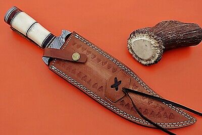 13" Hunting knife, Damascus steel blade & Finger guard, Camel bone, Cow Sheath