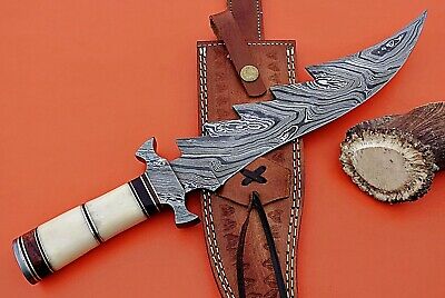 13" Hunting knife, Damascus steel blade & Finger guard, Camel bone, Cow Sheath