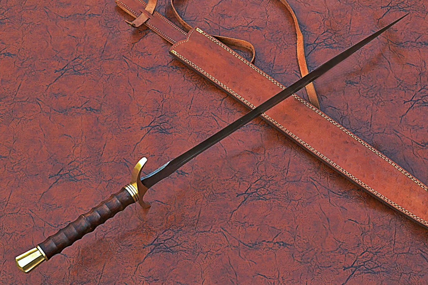 32 inches Long Sting Sword, 22" Long Hand Forged Damascus Steel Double Edge Blade, Brass Cross hilt Forward and Pommel, Walnut Wood Serrated Grip, Leather Scabbard with Shoulder Stripe