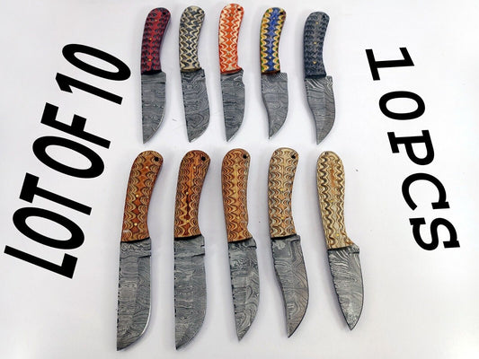 10 pieces Damascus steel fixed blade skinning knives lot with Leather sheath. Over 80 inches long Damascus steel knives in assorted colors