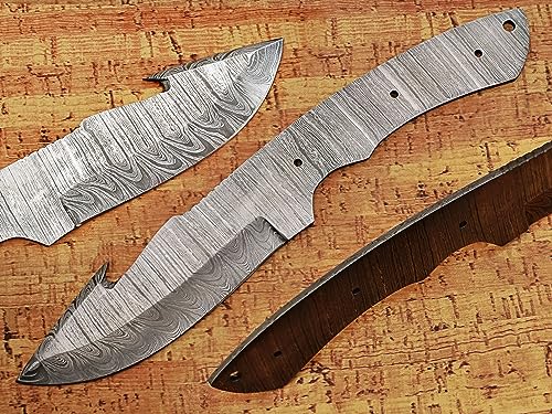 10 inches Long Hand Forged Trailing Point Gut Hook Skinning Knife Blade, Knife Making Supplies, Ladder Pattern Damascus Steel Blank Blade Knife with 3 Pin and a lace Hole, 5" long blade with 4.5 inches Cutting Edge