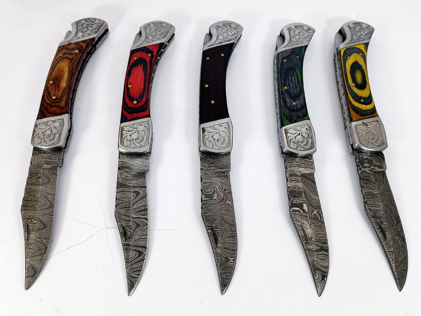 10 pieces lot of Damascus steel blade back lock folding Buck knife with Leather Sheath