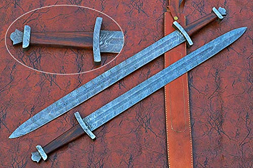 32 inches Long Jian Sword, 25" Long Hand Forged Damascus Steel Double Edge Blade, Solid Damascus Steel Cross hilt Forward and Crown Shape Pommel, Leather Scabbard with Shoulder Stripe