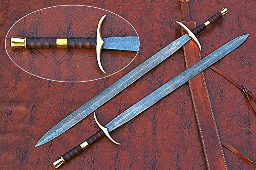 38 inches Long Claymore Sword, 30" Long Hand Forged Damascus Steel Double Edge Blade, Forward Brass Cross hilt Forward and Pommel, Leather Scabbard with Shoulder Stripe
