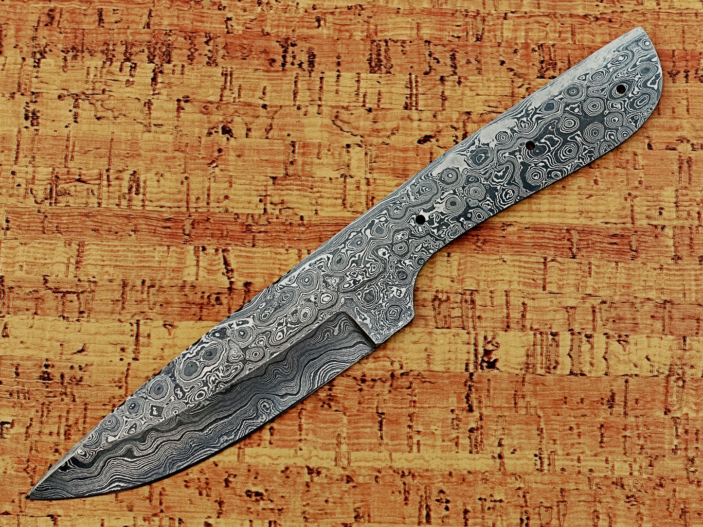 10 inches long drop point blank blade, hand forged Rain drop pattern Damascus steel blank blade skinning knife with 3 Pin hole oval scale, 4.5 inches cutting edge