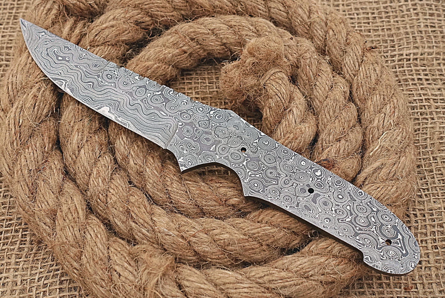 Knife Making, Damascus Steel Blank Blade 9.25 inches Long Hand Forged Trailing Point Skinning Knife Blade, Hunting Knife, 4.25 inches Cutting Edge, 4.5" Scale Space with 3 Pin Hole