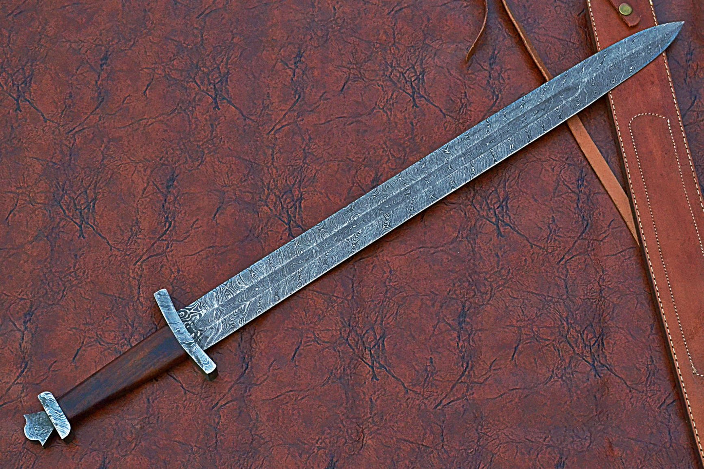 32 inches Long Jian Sword, 25" Long Hand Forged Damascus Steel Double Edge Blade, Solid Damascus Steel Cross hilt Forward and Crown Shape Pommel, Leather Scabbard with Shoulder Stripe