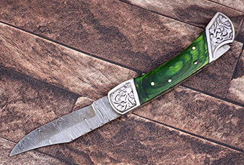 9" long back lock Folding Knife, 2 tone Red wood Scale with Engraved steel bolster, custom made 4" Hand Forged Damascus steel blade, Cow hide leather sheath with belt loop