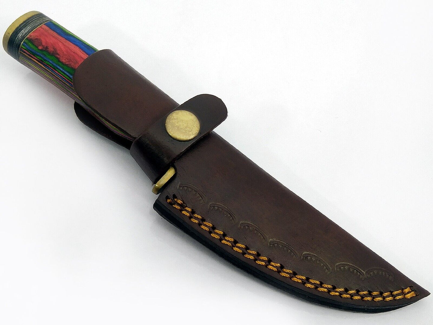 10 pieces Damascus steel fixed blade round scale skinning knives lot with Leather sheath. Over 75 inches long Damascus steel knives in assorted colors
