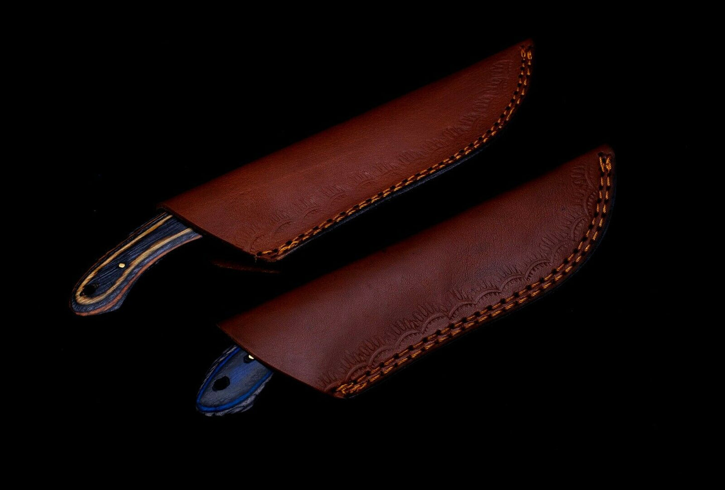 20 pieces Damascus steel fixed blade skinning knives lot with Leather sheath. Over 150 inches long Damascus steel knives in assorted colors