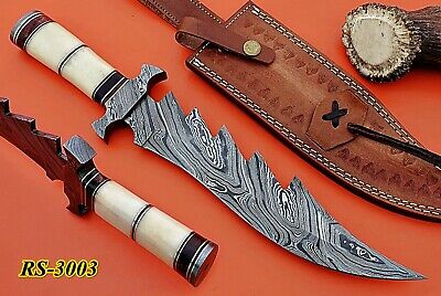 13" Hunting knife, Damascus steel blade & Finger guard, Camel bone, Cow Sheath