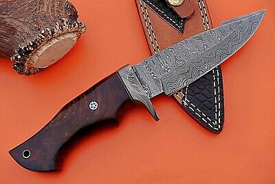 9" Long trailing point Damascus Steel skinning Knife, Walnut wood, Sheath