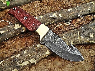 8" Red Damascus steel gut hook blade Skinning pocket knife with Leather sheath