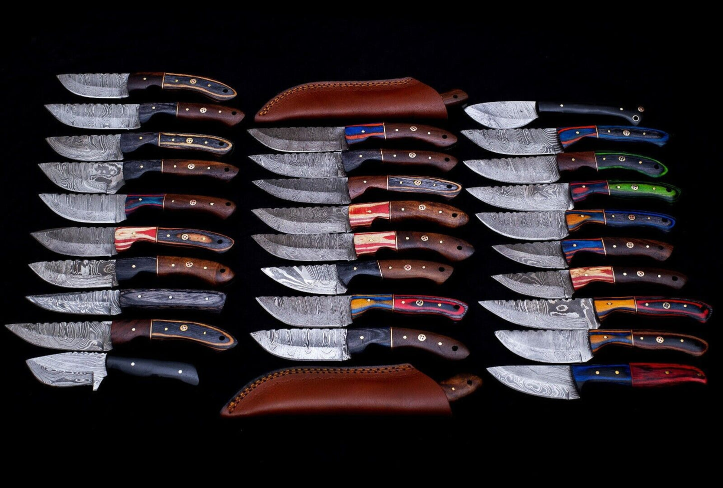 30 pieces Damascus steel fixed blade skinning knives lot with Leather sheath. Over 225 inches long Damascus steel knives in assorted colors