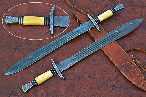 27" Long Sting Sword, 19" Long Hand Forged Damascus Steel Double Edge Blade with Triple Blood Groove, Brass Cross hilt Forward and Pommel, Damascus Guard & Pommel, Camel Bone Grip, Leather Scabbard