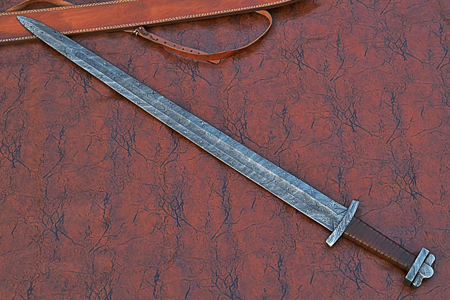 39 inches Long Green Destiny Sword, 31" Long Hand Forged Damascus Steel Double Edge Blade, Solid Damascus Steel Cross hilt Forward and Pommel, Leather Scabbard with Shoulder Stripe