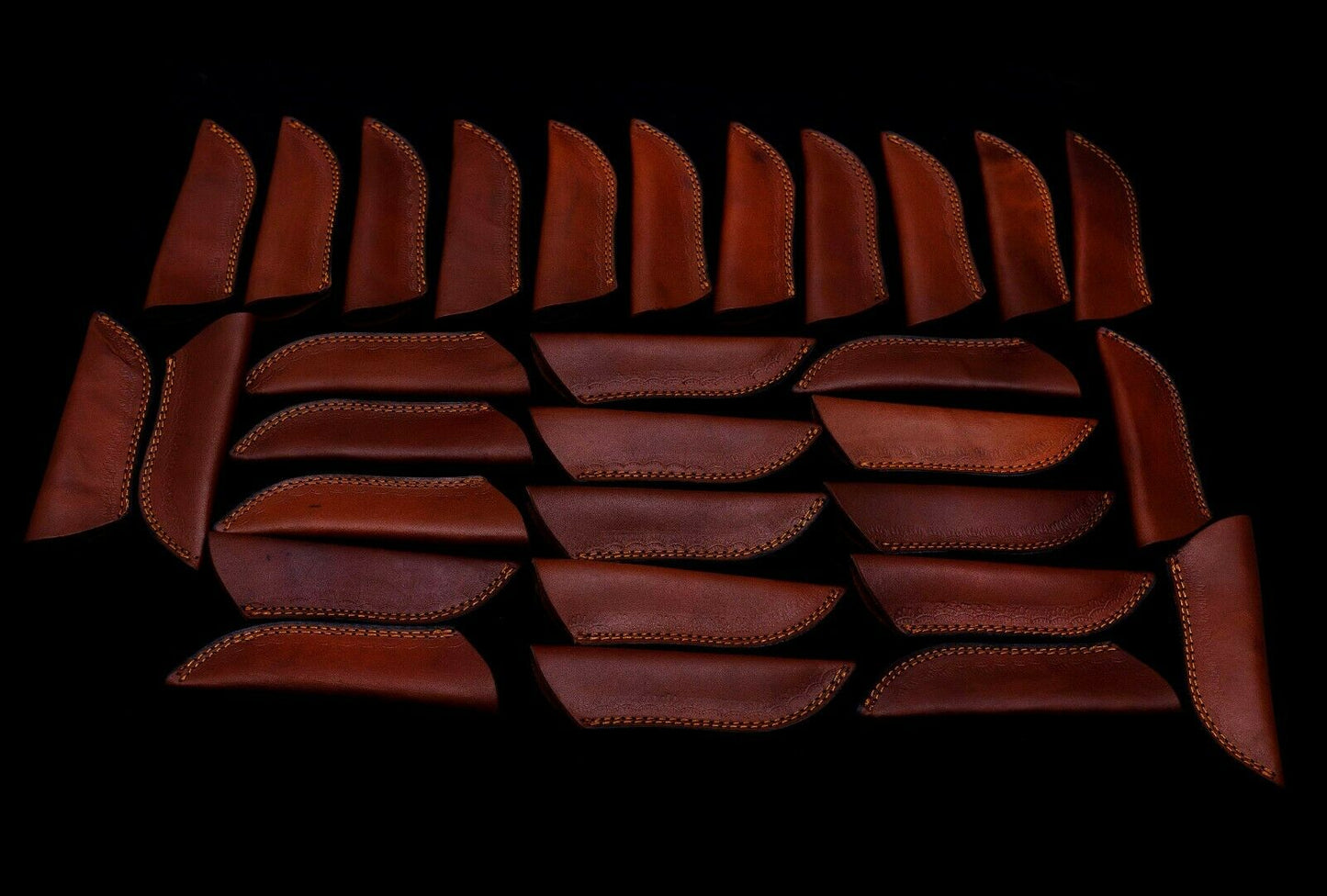 15 pieces Damascus steel fixed blade skinning knives lot with Leather sheath. Over 95 inches long Damascus steel knives in assorted colors