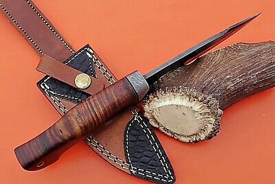 9" Long trailing point Damascus Steel skinning Knife, Walnut wood, Sheath