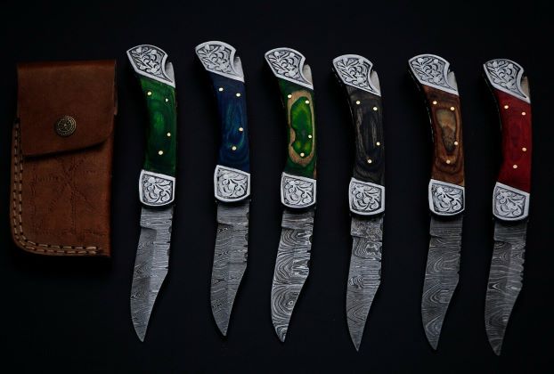 10 pieces 8.5 and 7.5" Damascus steel back lock folding knife set with Sheath