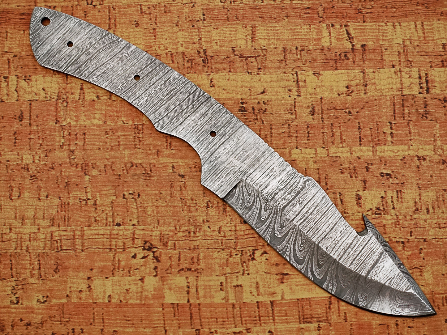 10 inches Long Hand Forged Trailing Point Gut Hook Skinning Knife Blade, Knife Making Supplies, Ladder Pattern Damascus Steel Blank Blade Knife with 3 Pin and a lace Hole, 5" long blade with 4.5 inches Cutting Edge