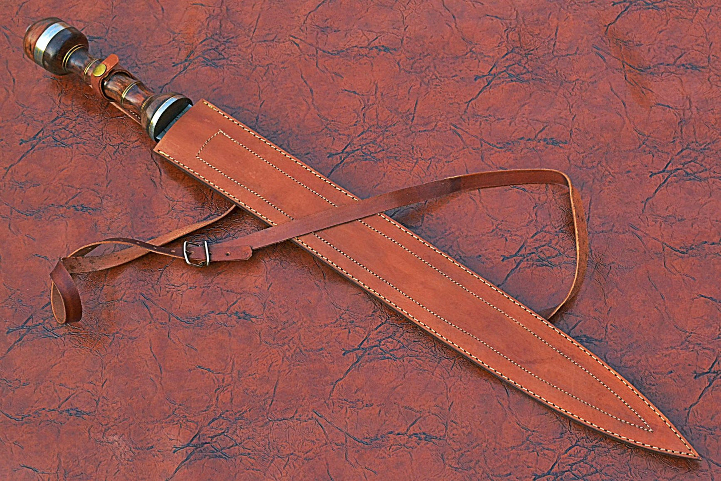 29 inches Long Maximus Gladuis Sword, 21" Long Hand Forged Damascus Steel Double Edge Blade, Hand Crafted Walnut Wood Grip with Brass Spacer, Leather Scabbard with Shoulder Stripe