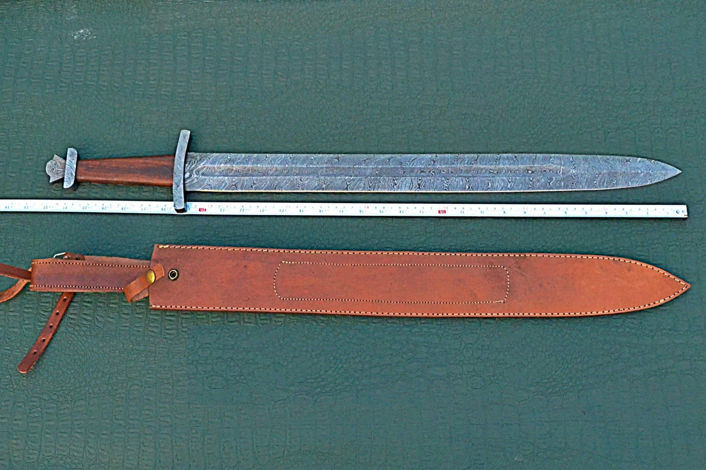 32 inches Long Jian Sword, 25" Long Hand Forged Damascus Steel Double Edge Blade, Solid Damascus Steel Cross hilt Forward and Crown Shape Pommel, Leather Scabbard with Shoulder Stripe