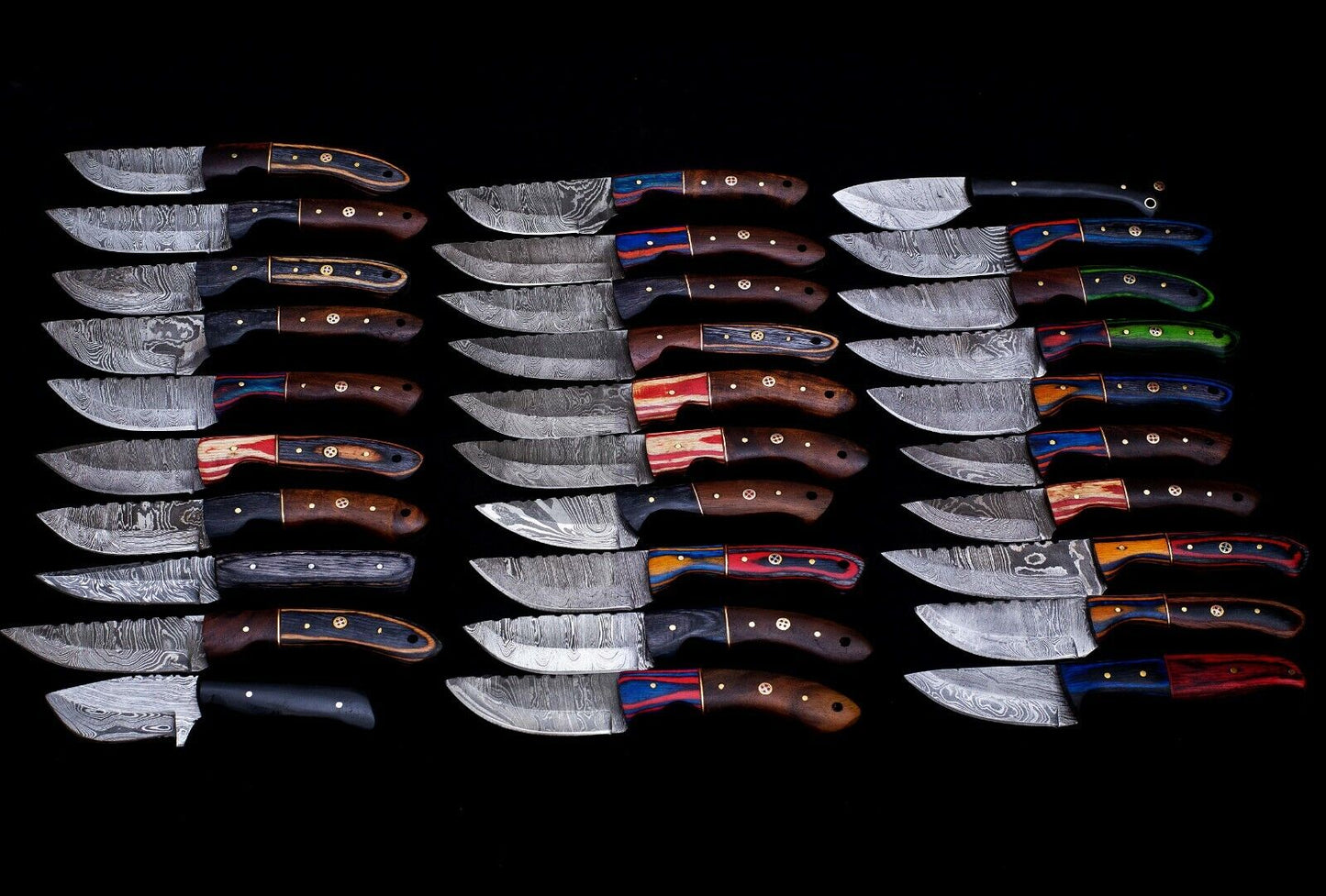 30 pieces Damascus steel fixed blade skinning knives lot with Leather sheath. Over 225 inches long Damascus steel knives in assorted colors