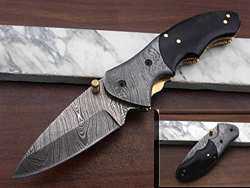 7"long Damascus steel Folding Knife with Rose wood scale custom made 3" Hand Forged blade cow hide leather sheath (Wood) (Bull Horn)