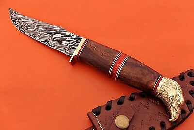 10" custom skinning knife with eagle pomel, trailing point blade, Leather sheath