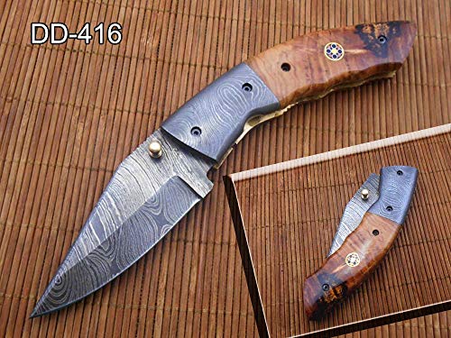 7.25" Folding Knife, 3.25" Hand Forged Twist Pattern Damascus Steel Blade, Wood Scales, Pocket Knife, Liner Lock & Thumb knob Equipped, Cow Hide Leather Sheath