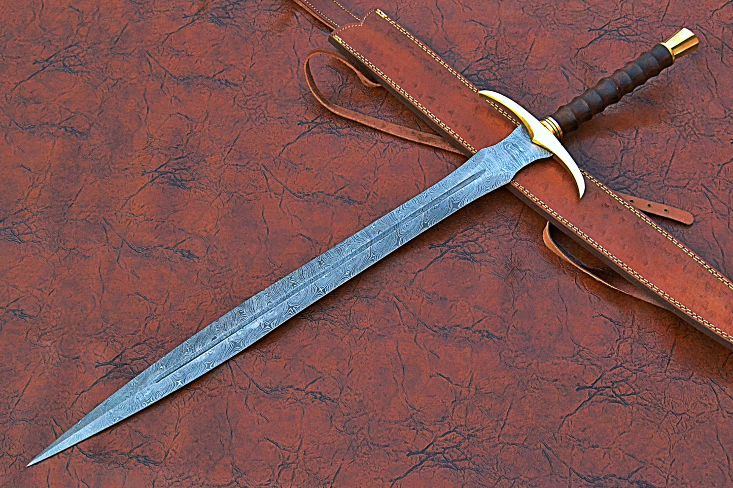 32 inches Long Sting Sword, 22" Long Hand Forged Damascus Steel Double Edge Blade, Brass Cross hilt Forward and Pommel, Walnut Wood Serrated Grip, Leather Scabbard with Shoulder Stripe